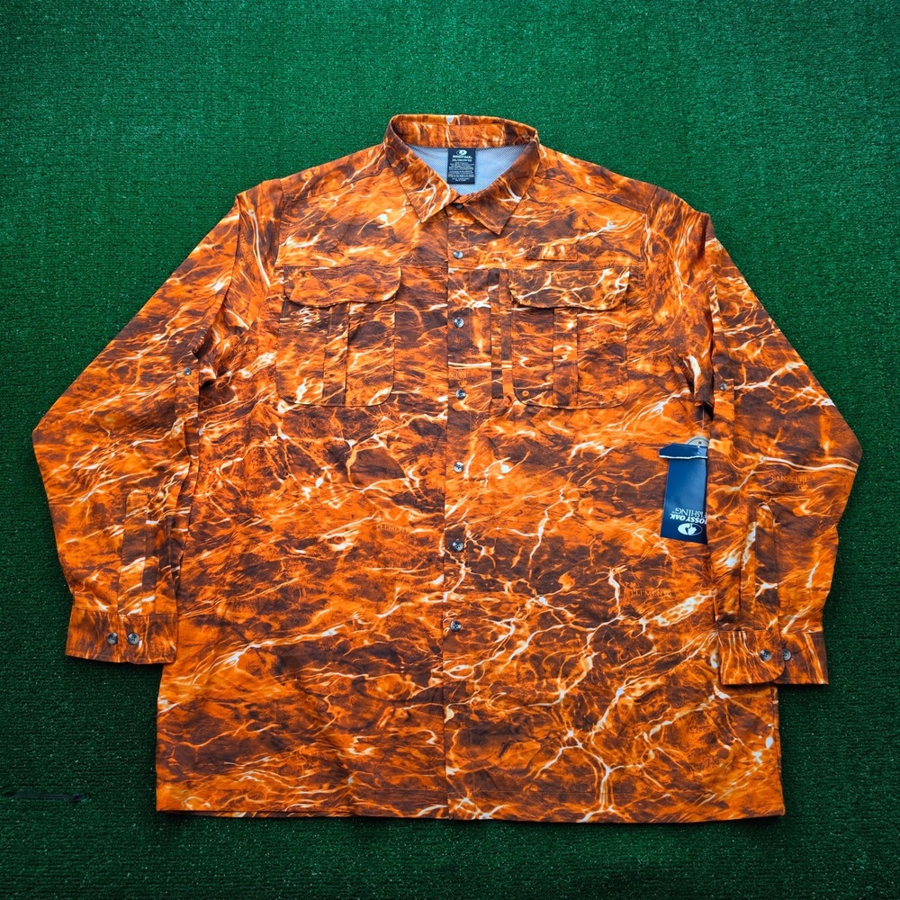 Mossy Oak Fishing Agua Blaze Camo Orange Performance Guide Shirt Mens 2XL NWT